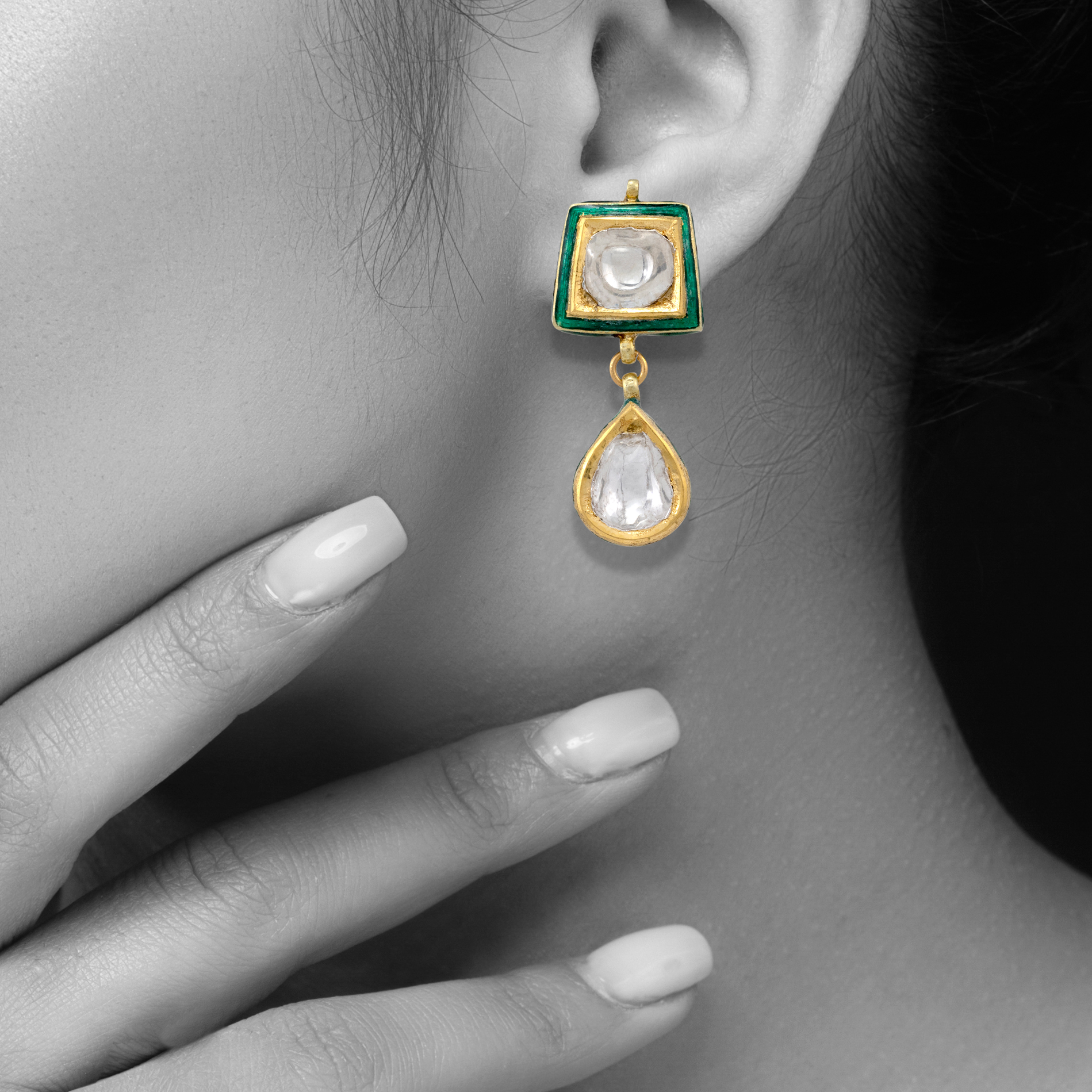 Green Meenakari Earrings with Polki and Pear-Shaped Drop